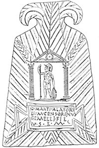 drawing of plaque with armed figure between corinthian columns and triangular pediment