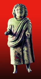 bronze statuette of worshipper wearing cloak