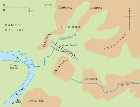 Map of Rome showing the River Tiber, two aquaducts and the seven hills.